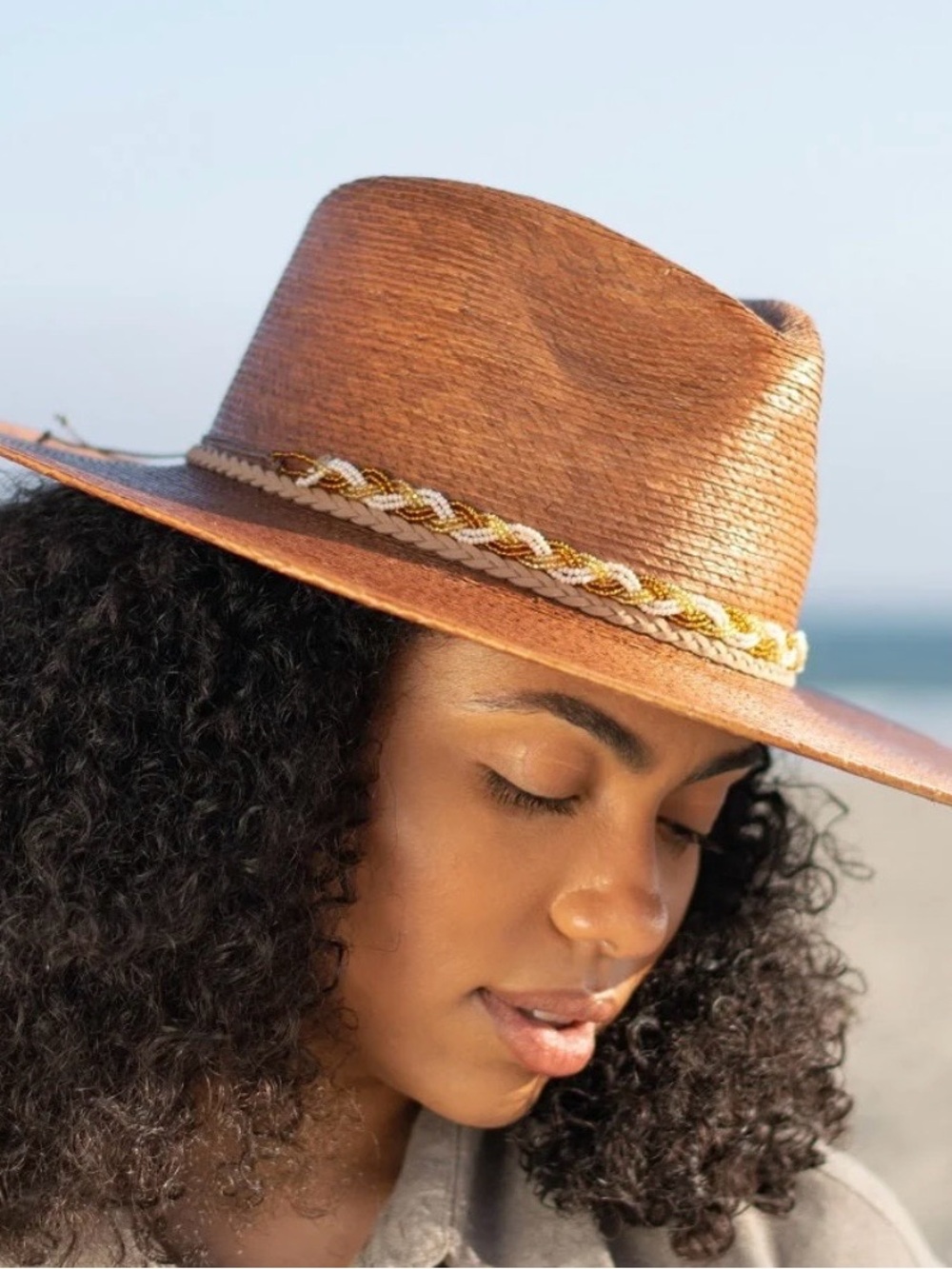 Scala Natural-Tone Palm Fiber Fedora with Braided Leather & Conchos